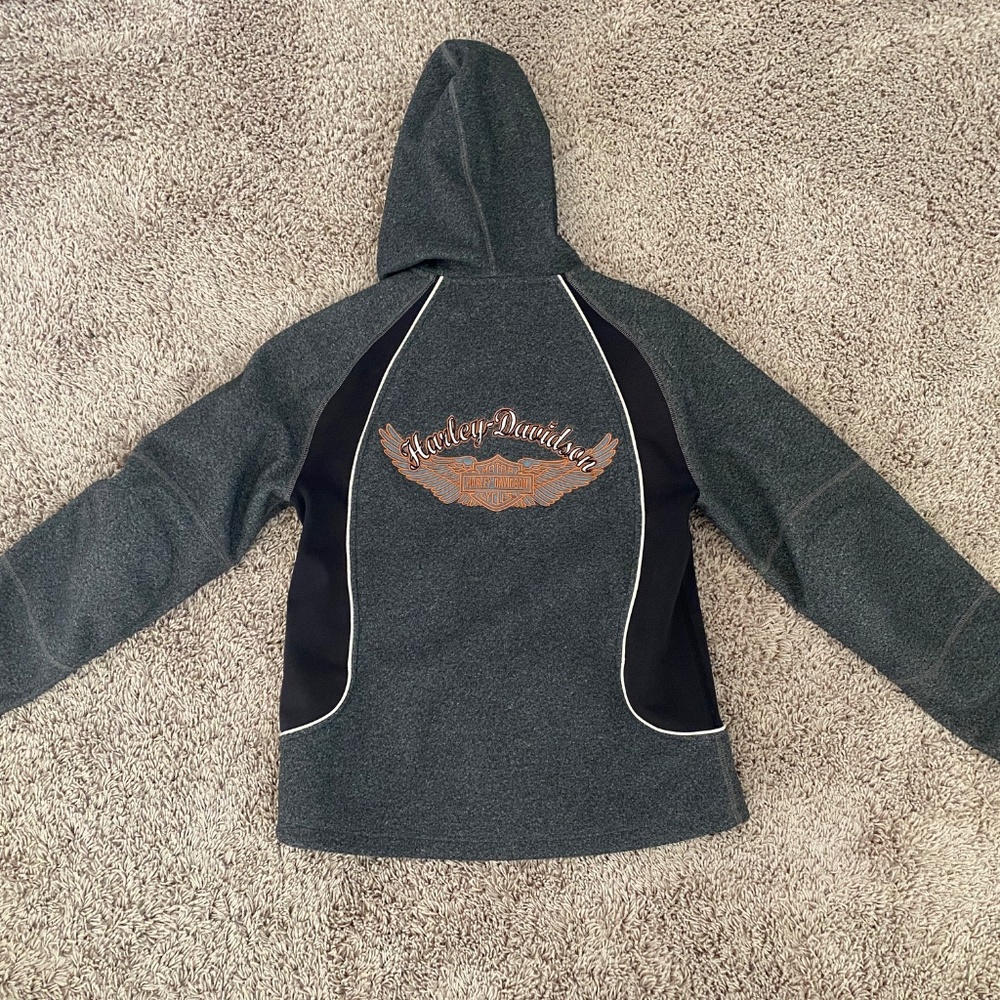Harley Davidson Jacket S Gray Embroidered Fitted Hooded Heavy Fleece Biker